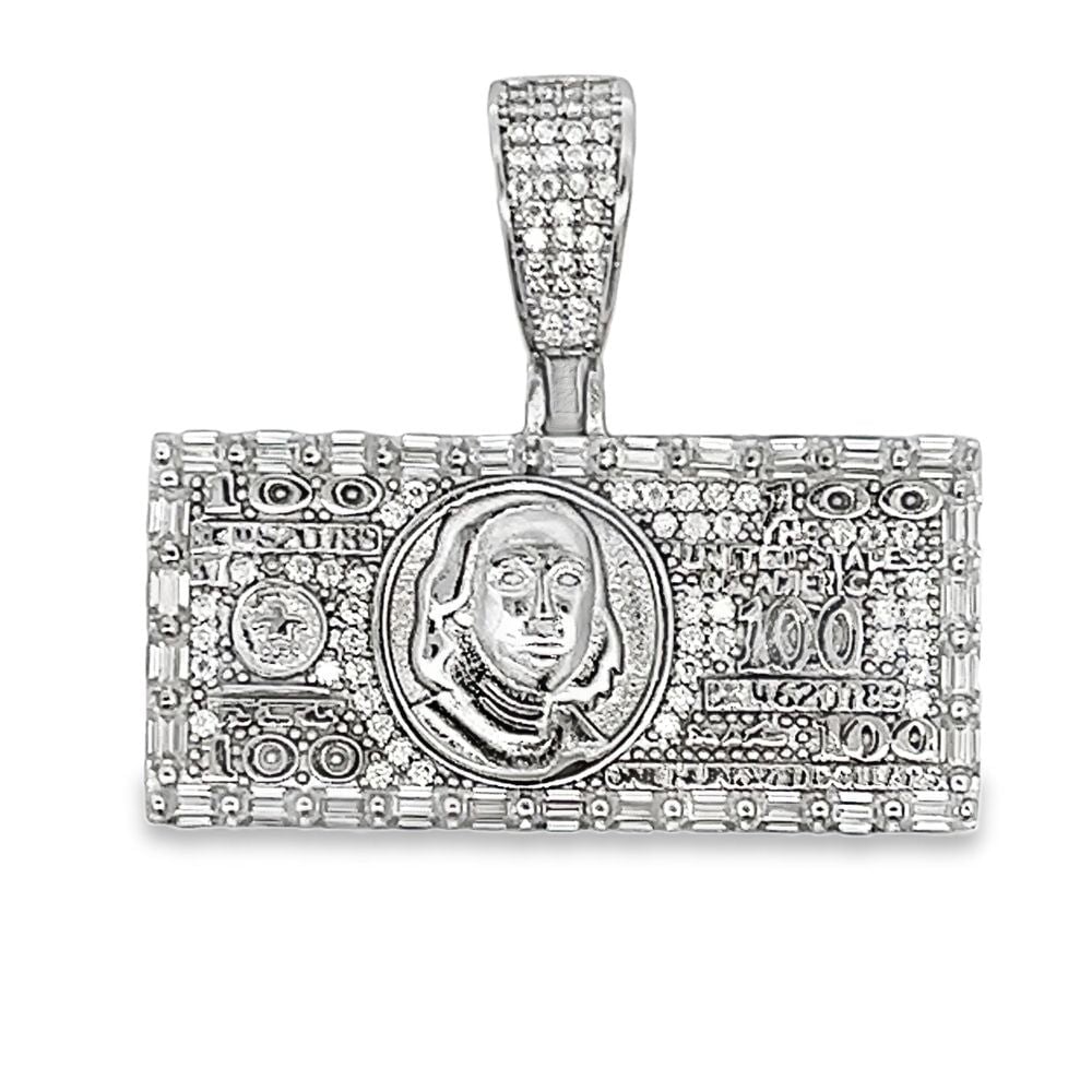 $100 Bill Baguette Iced Out Moissanite Pendant .925 Sterling Silver HipHopBling