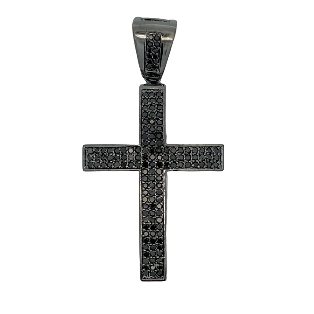 3 Row Black Cross CZ Pendant .925 Sterling Silver HipHopBling