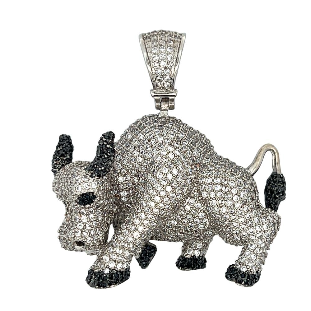 3D Bull Black & White CZ Iced Out Pendant HipHopBling