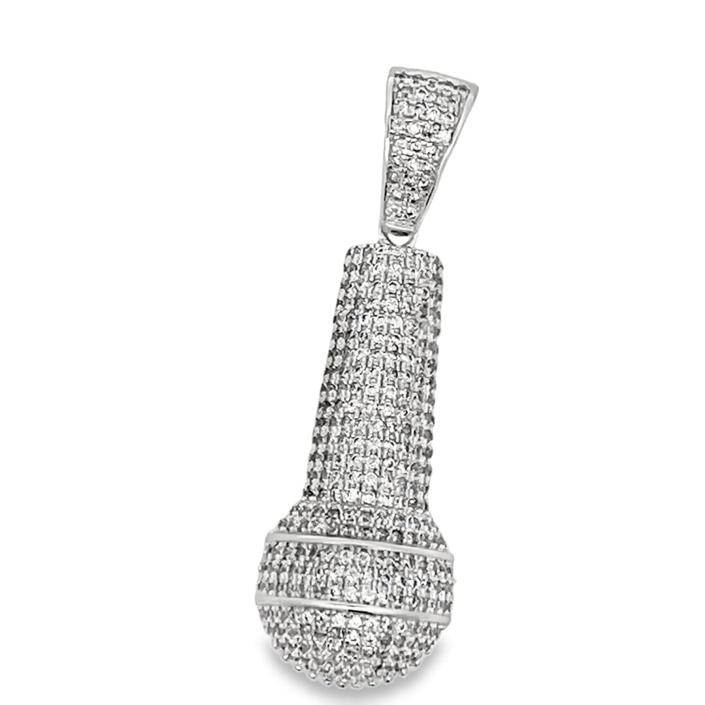 3D Microphone CZ Pendant .925 Sterling Silver HipHopBling