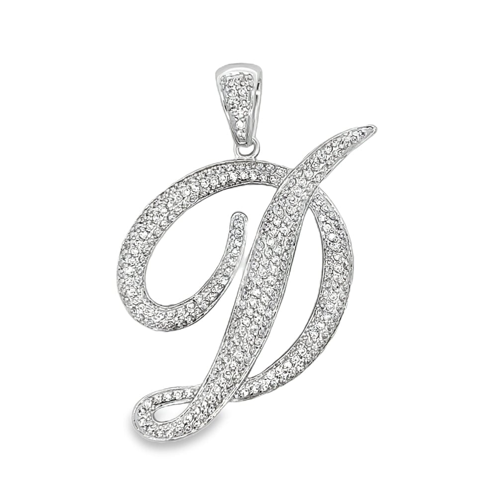 3D Script Initial Letter White CZ Iced Out Pendant D HipHopBling