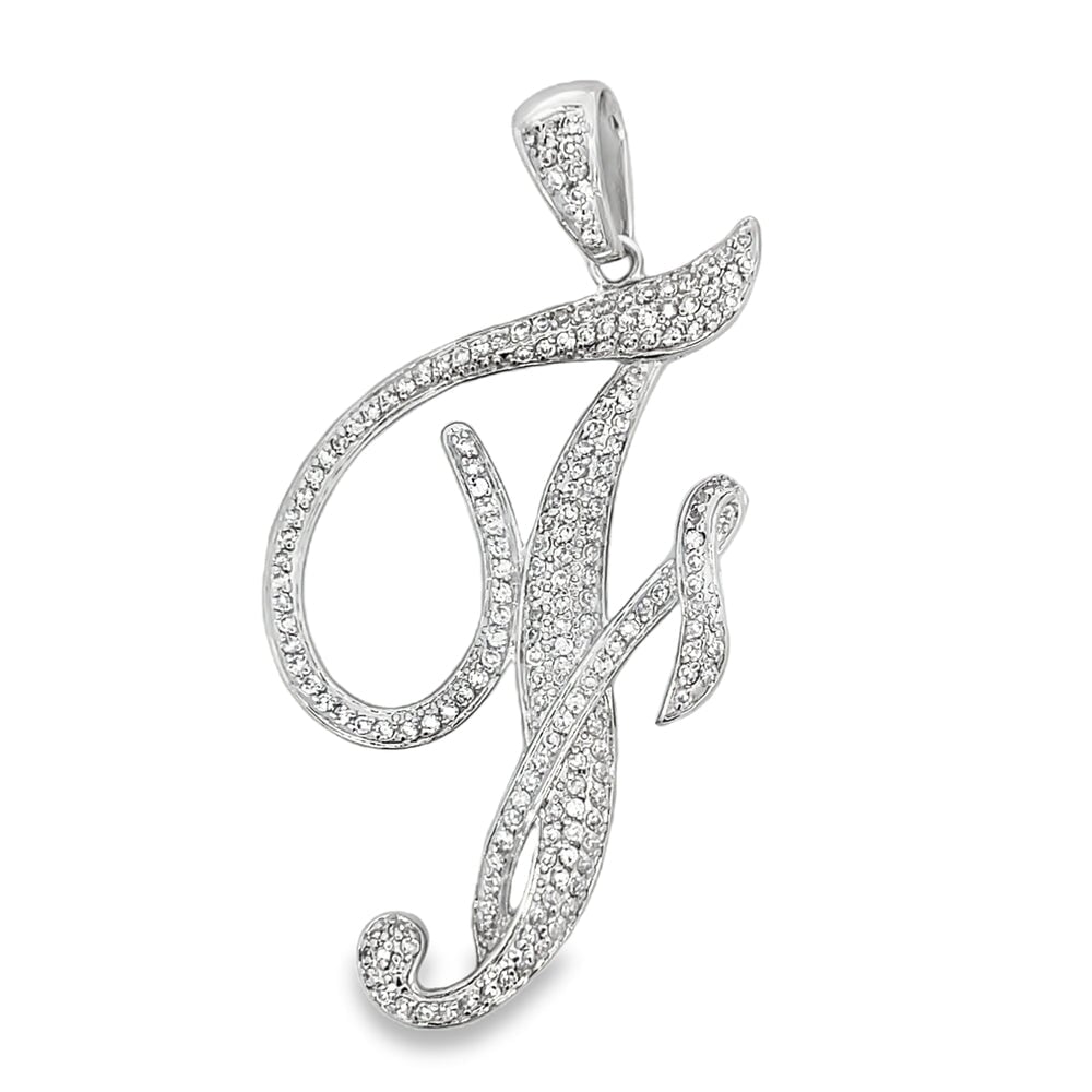 3D Script Initial Letter White CZ Iced Out Pendant F HipHopBling