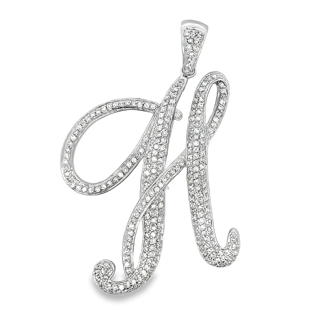 3D Script Initial Letter White CZ Iced Out Pendant H HipHopBling