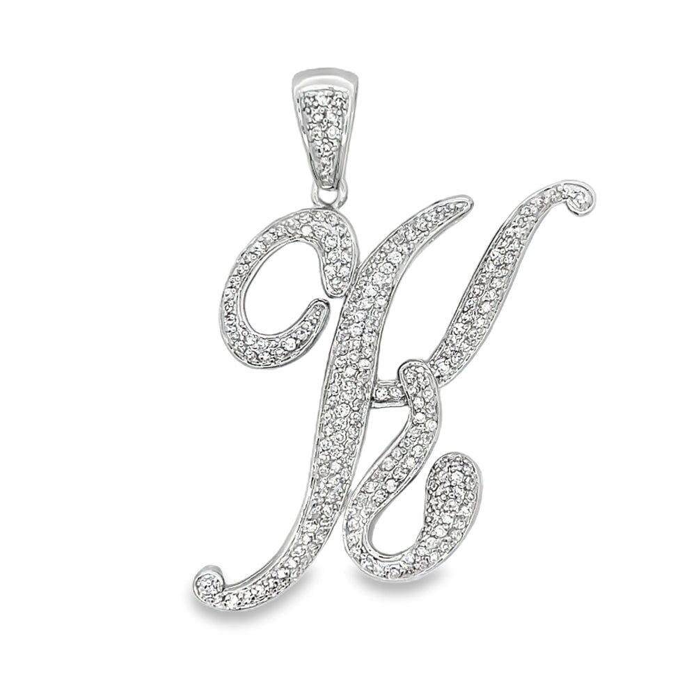 3D Script Initial Letter White CZ Iced Out Pendant K HipHopBling