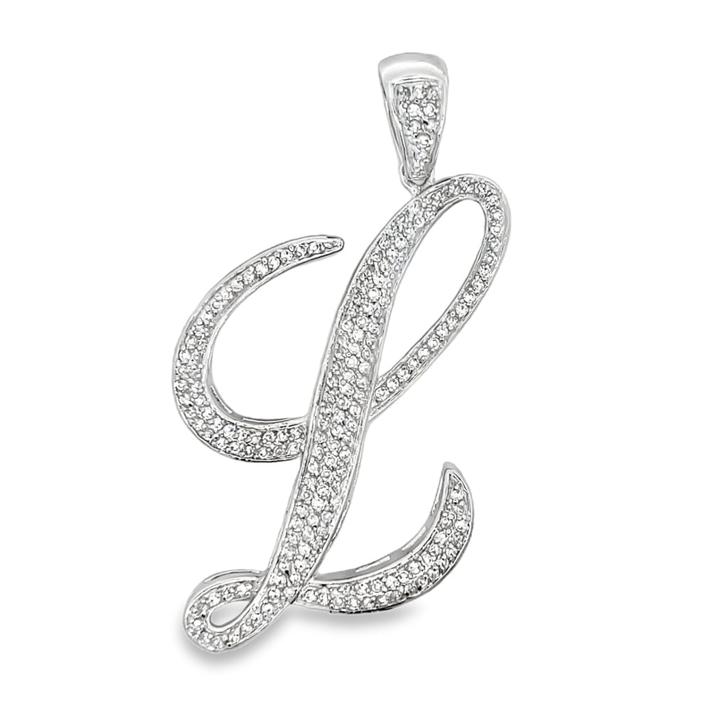 3D Script Initial Letter White CZ Iced Out Pendant L HipHopBling