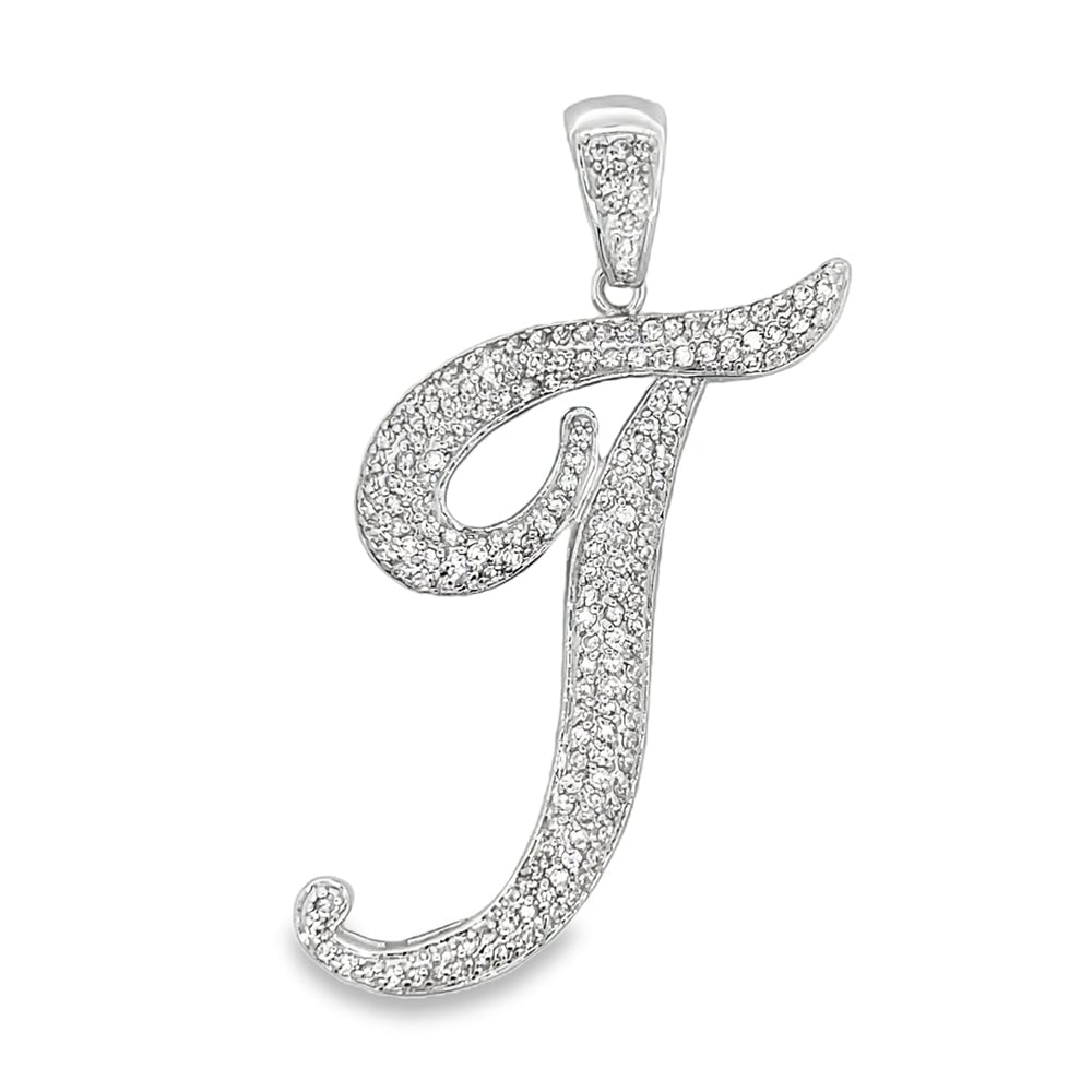 3D Script Initial Letter White CZ Iced Out Pendant T HipHopBling