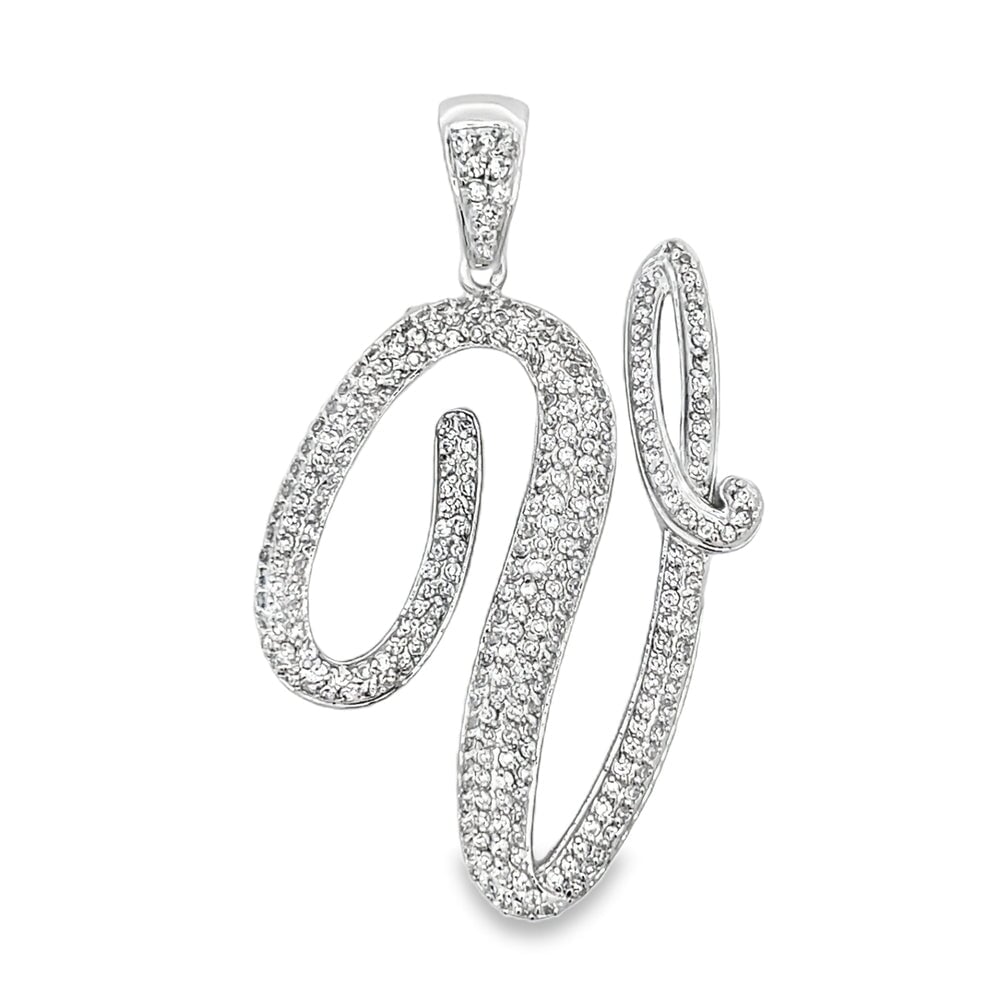 3D Script Initial Letter White CZ Iced Out Pendant V HipHopBling