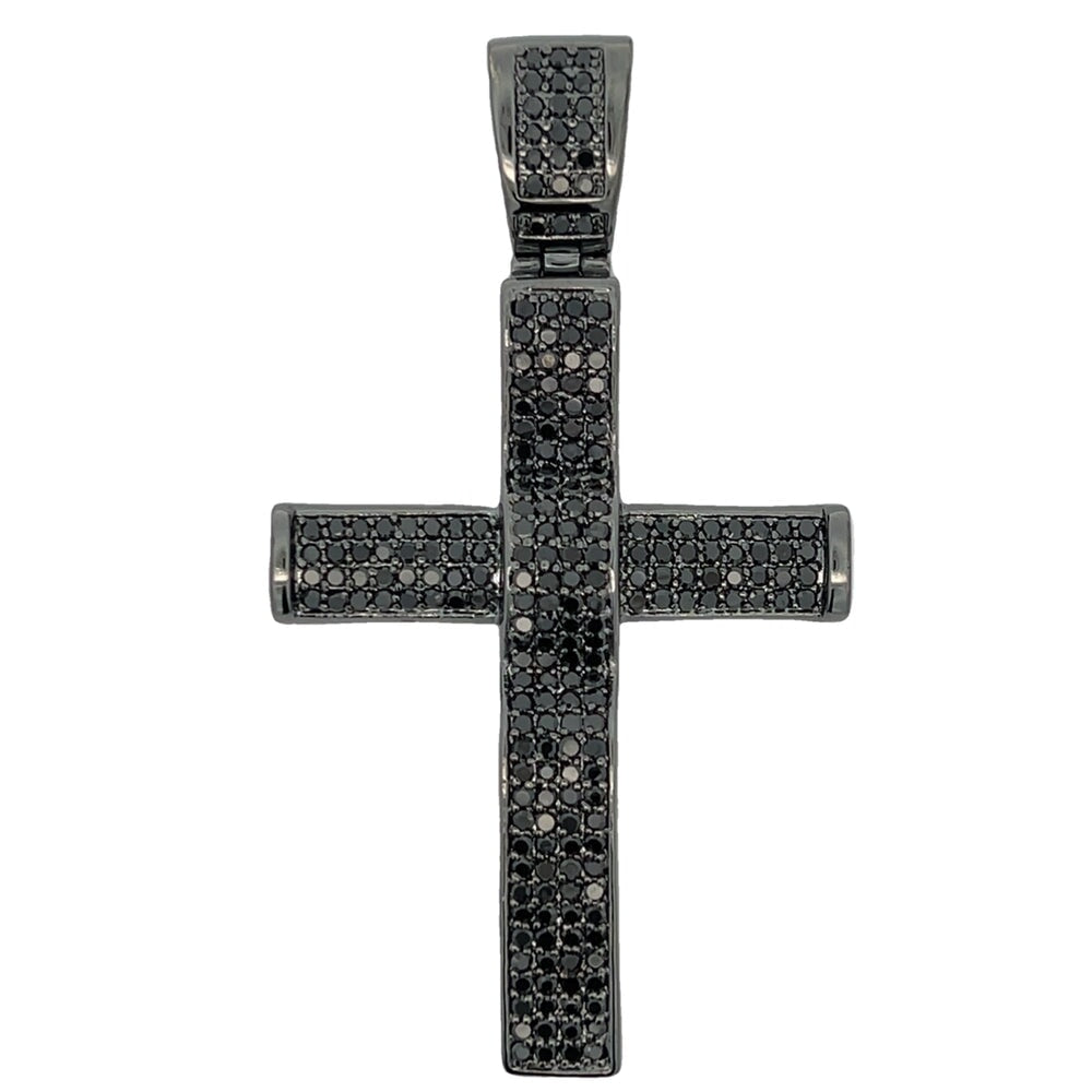 4 Row Rounded Black Cross CZ Pendant .925 Sterling Silver HipHopBling