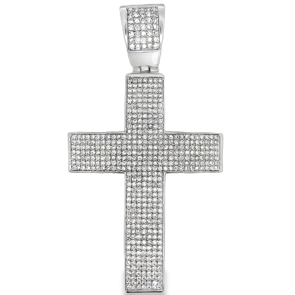 7 Row Fat Cross CZ Pendant .925 Sterling Silver HipHopBling