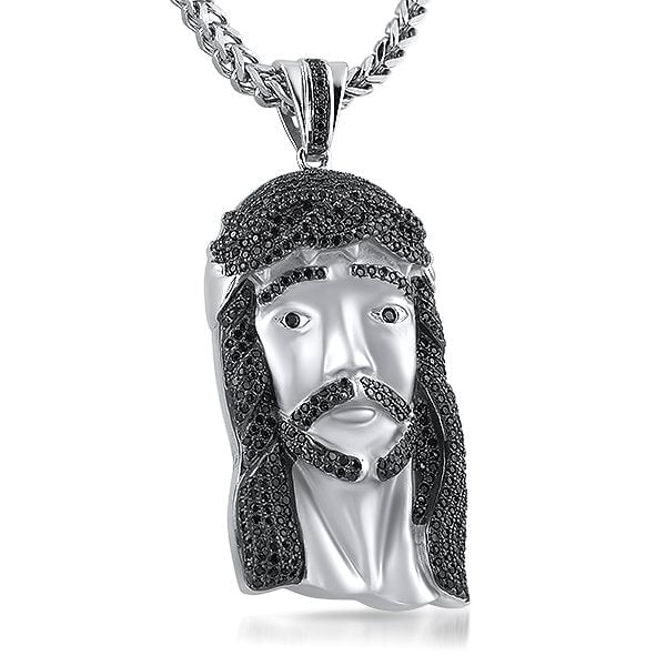 .925 Sterling Silver Large Jesus Piece Black Stones White Gold HipHopBling