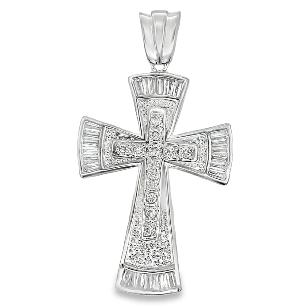 Baguette Fan Cross CZ Pendant .925 Sterling Silver HipHopBling