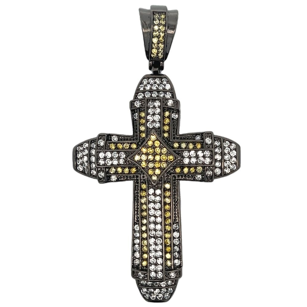 Black Cross Yellow & White CZ Pendant HipHopBling