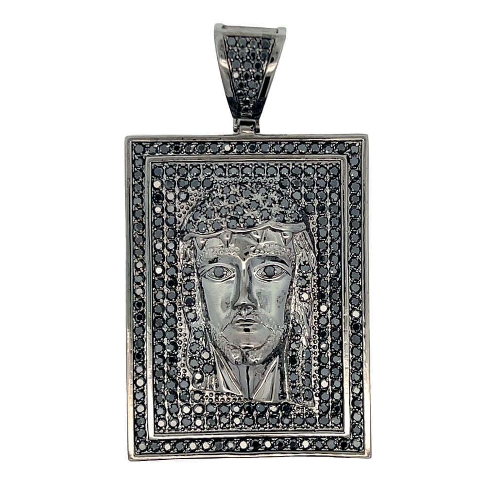 Black on Black Jesus Rectangle CZ Iced Out Pendant HipHopBling