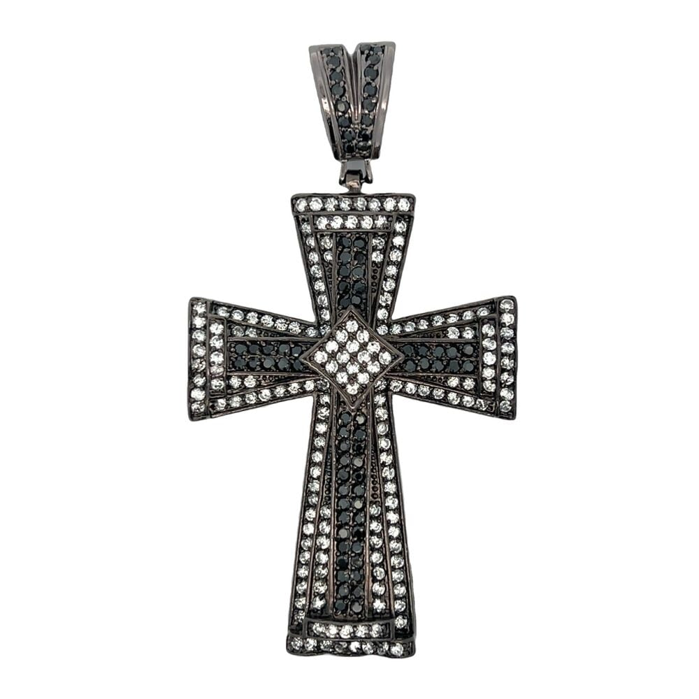 Black & White Ax Cross CZ Iced Out Pendant HipHopBling