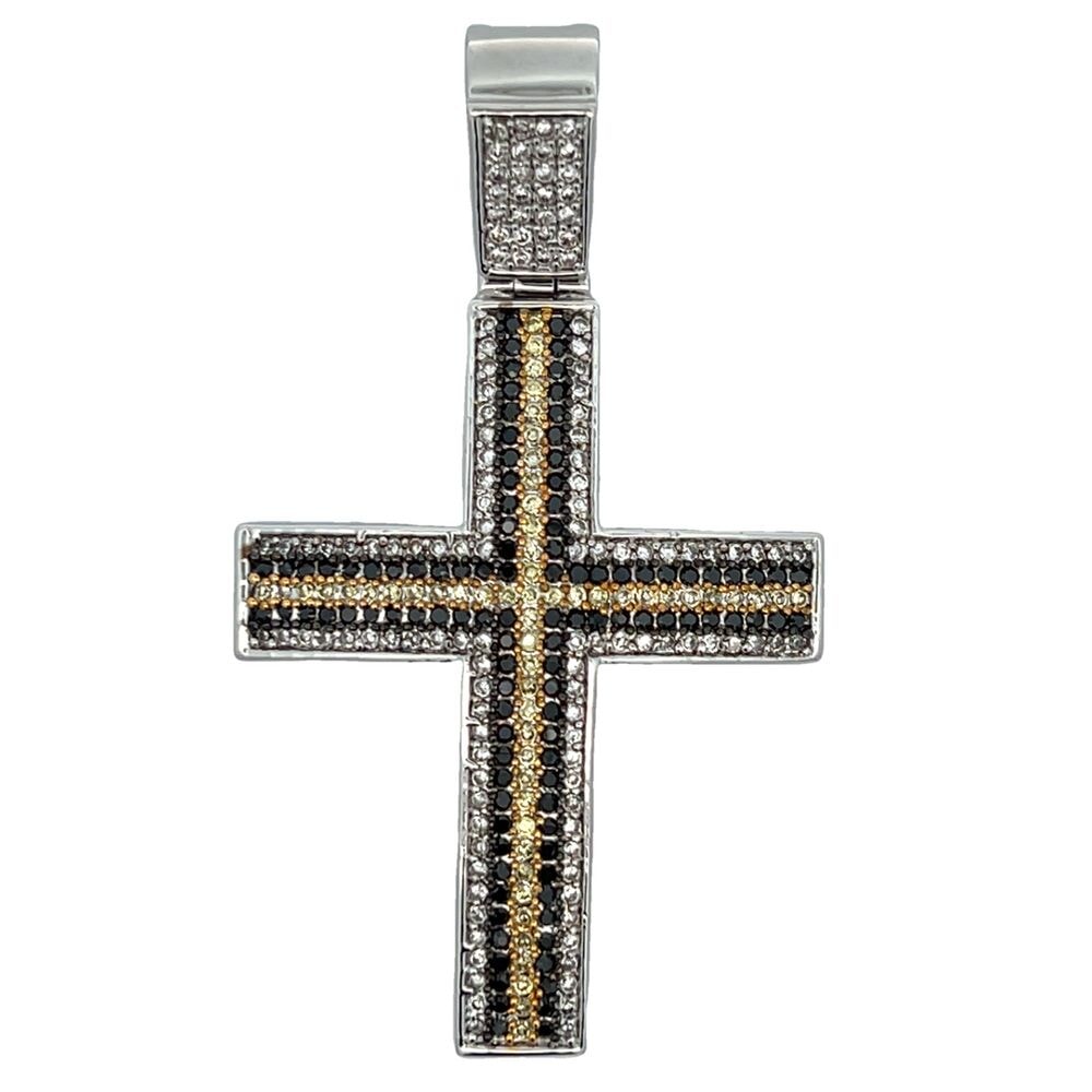 Black Yellow & White Stripe Cross CZ Iced Out Pendant HipHopBling