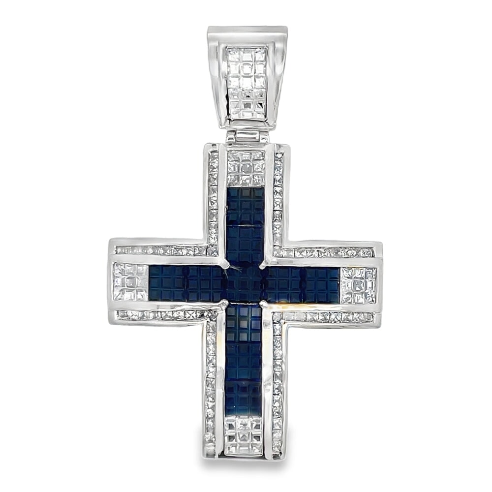 Block Cross Blue Princess Cut CZ Pendant .925 Sterling Silver HipHopBling