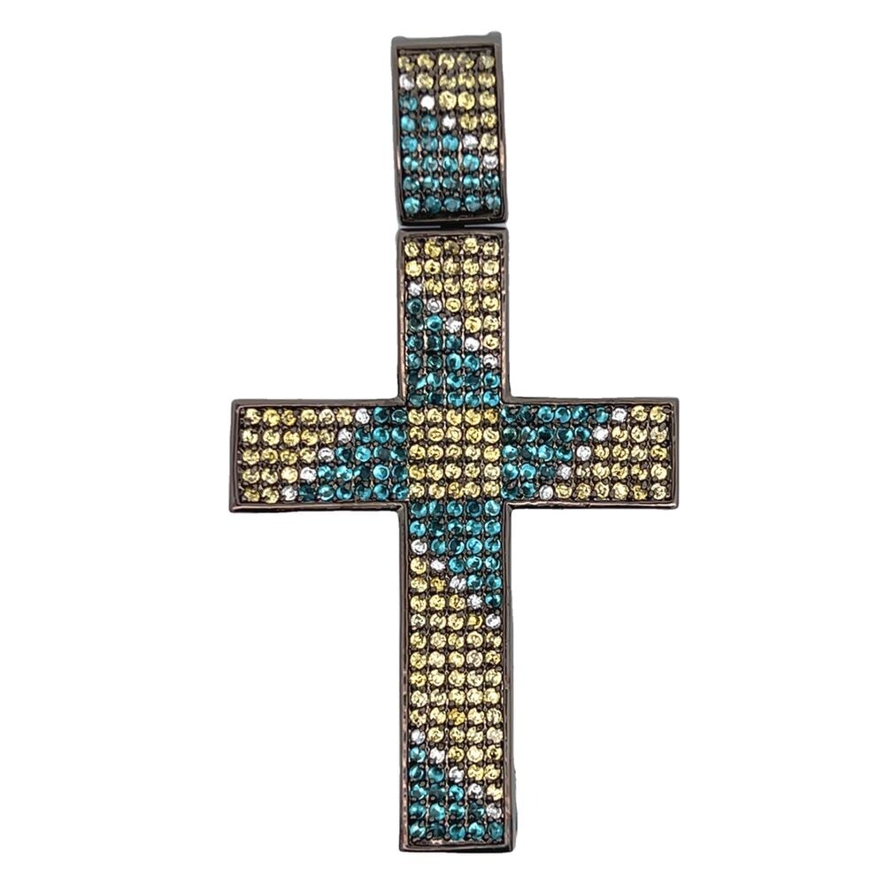 Blue & Yellow Zag CZ Cross Iced Out Pendant HipHopBling