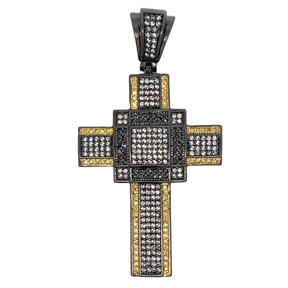 Boxy White Black & Yellow CZ Cross Iced Out Pendant HipHopBling