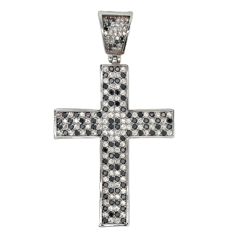 Checkered Black & White CZ Cross Iced Out Pendant HipHopBling