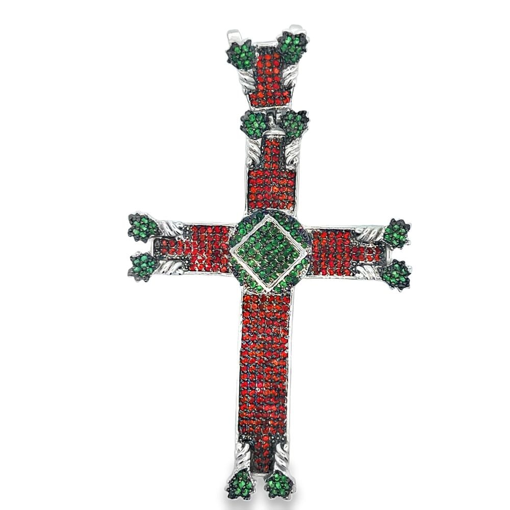 Chunky Red & Green Cross CZ Iced Out Pendant HipHopBling