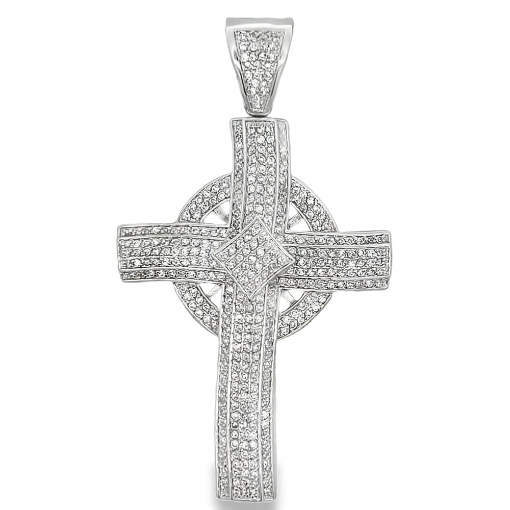 Circle Wavy Cross CZ Pendant .925 Sterling Silver HipHopBling