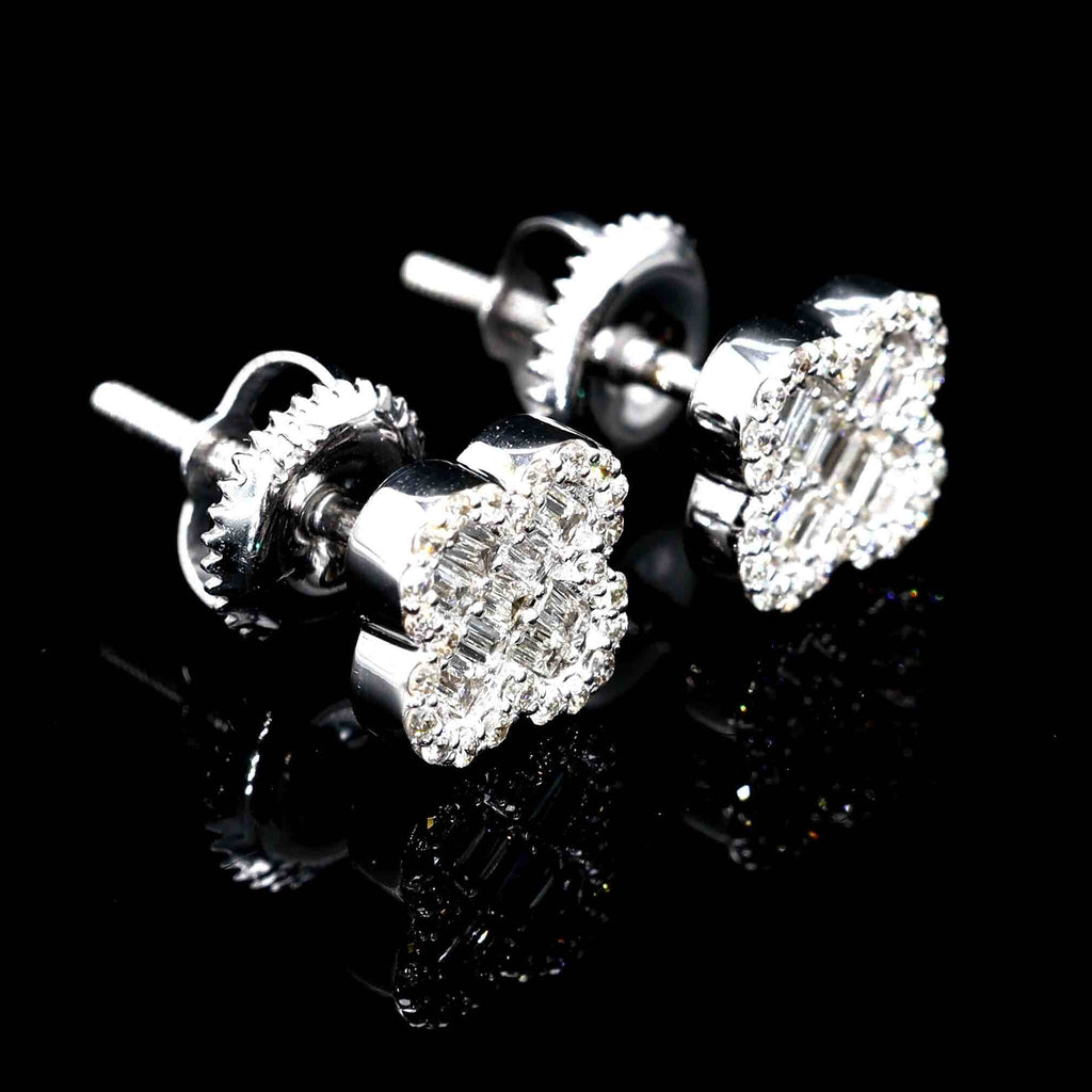 Clover Baguette Diamond Earrings Solid 14K Gold 14K White Gold 8MM | .33cttw HipHopBling