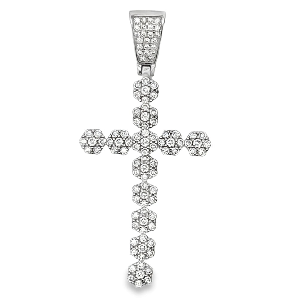 Cluster Tennis Cross Pendant .925 Sterling Silver White Gold HipHopBling