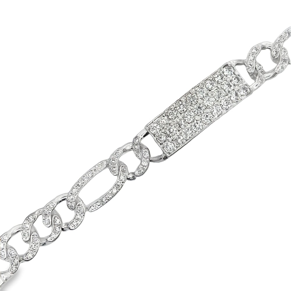 CZ Iced Out Figaro ID Bracelet .925 Sterling Silver 8" HipHopBling