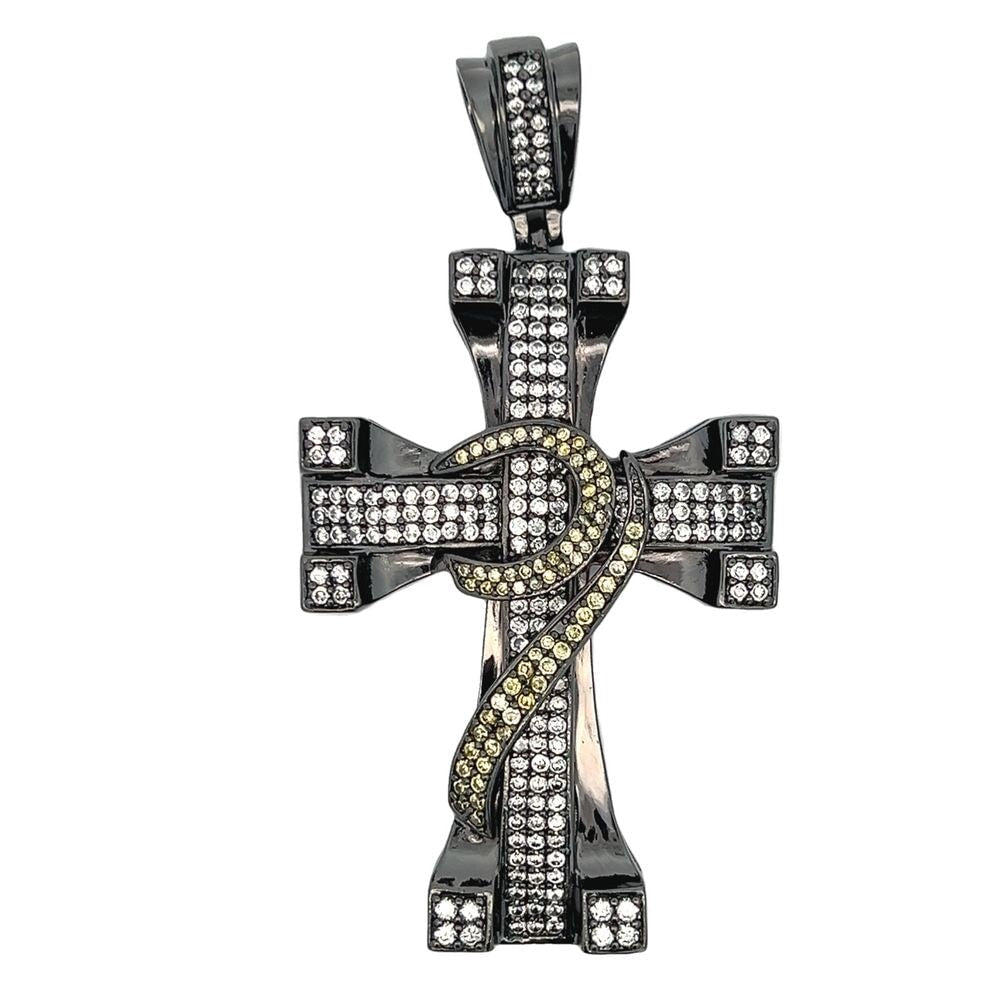 Dimensional White & Yellow CZ Iced Out Black Cross Pendant HipHopBling