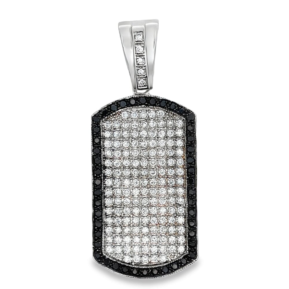 Dog Tag Black Border CZ Pendant .925 Sterling Silver HipHopBling