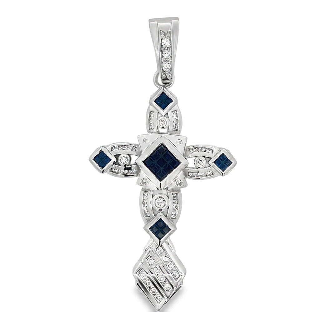 Fancy Princess Cross Blue CZ Pendant .925 Sterling Silver HipHopBling