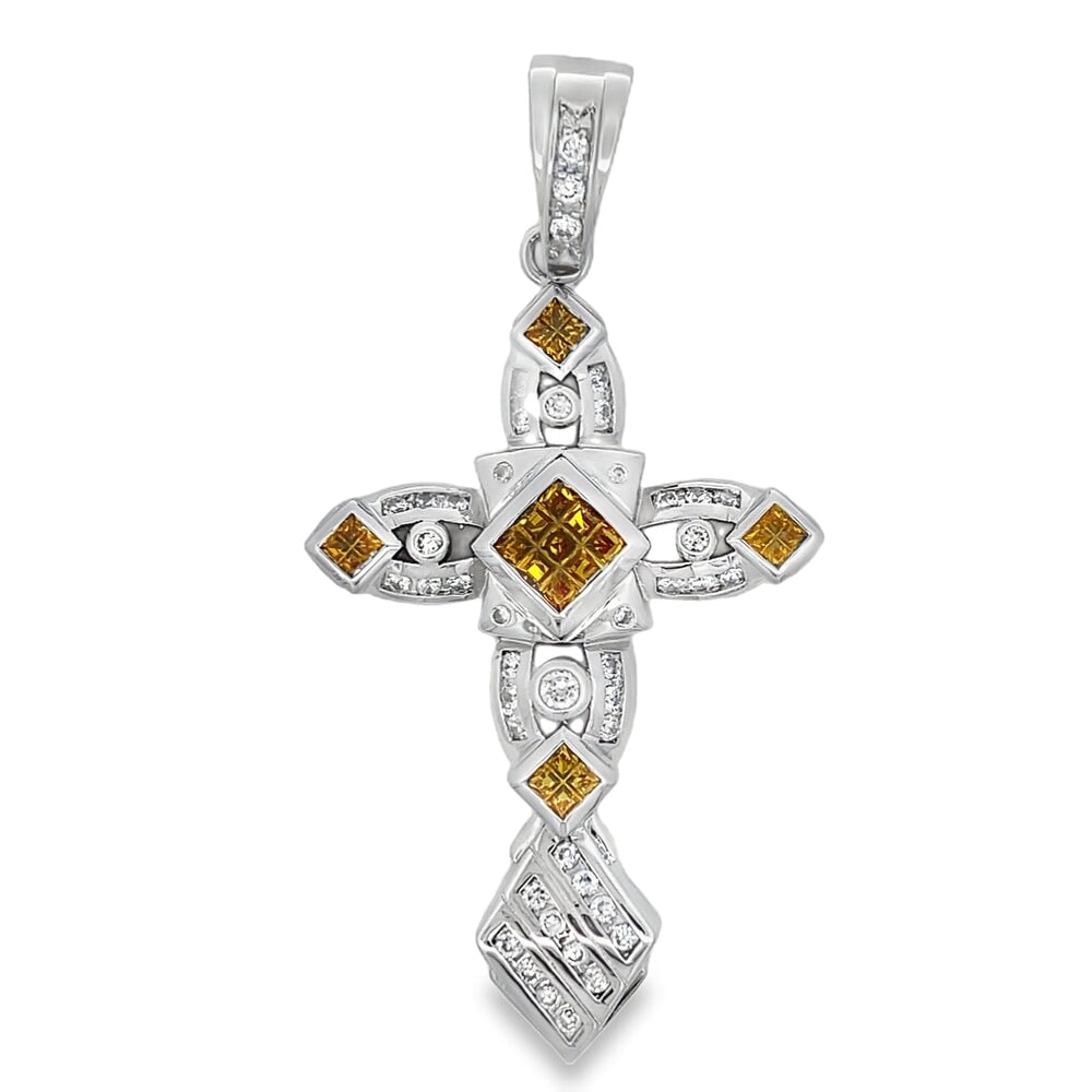 Fancy Princess Cross Canary CZ Pendant .925 Sterling Silver HipHopBling