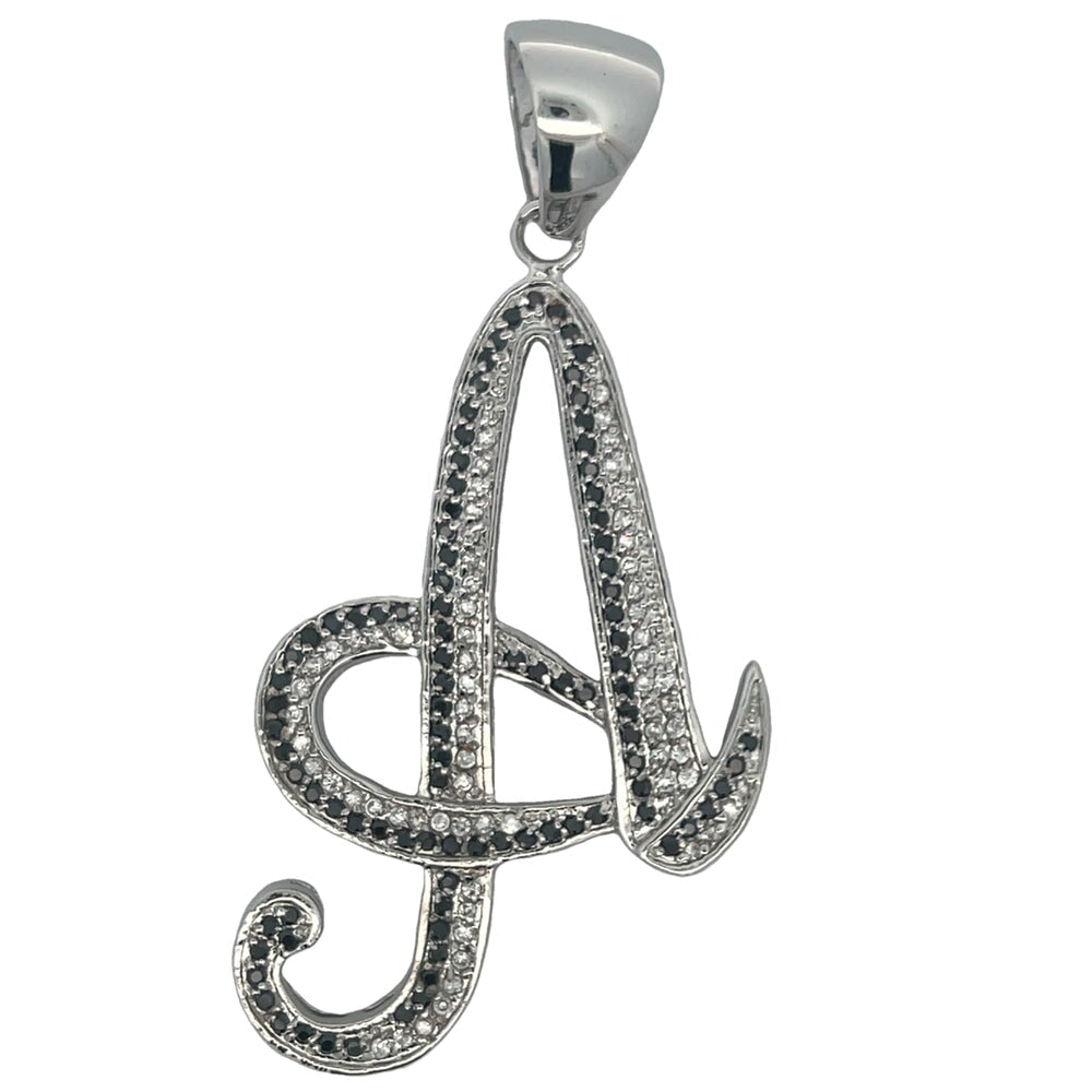 Flat Cursive Initial Letter Black & White CZ Iced Out Pendant A HipHopBling