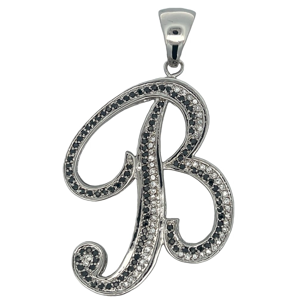 Flat Cursive Initial Letter Black & White CZ Iced Out Pendant B HipHopBling