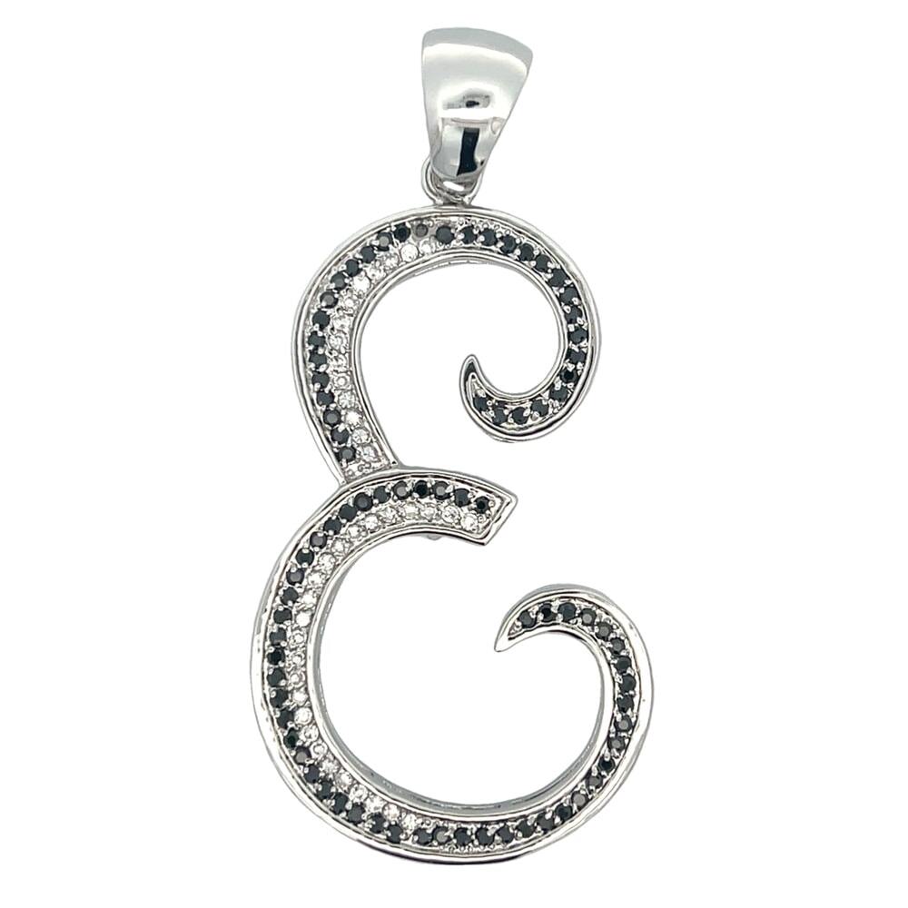 Flat Cursive Initial Letter Black & White CZ Iced Out Pendant E HipHopBling