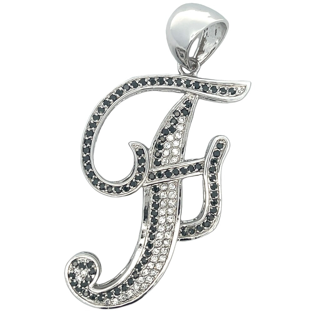 Flat Cursive Initial Letter Black & White CZ Iced Out Pendant F HipHopBling