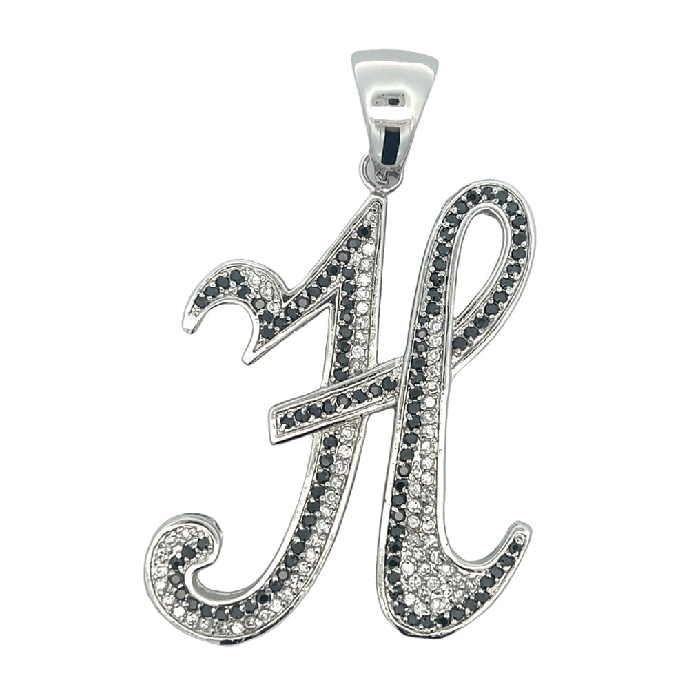 Flat Cursive Initial Letter Black & White CZ Iced Out Pendant H HipHopBling