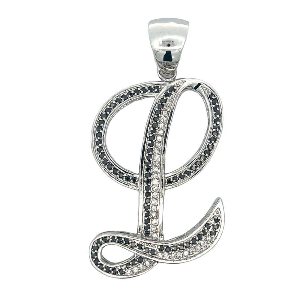 Flat Cursive Initial Letter Black & White CZ Iced Out Pendant L HipHopBling