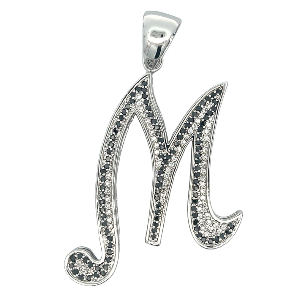 Flat Cursive Initial Letter Black & White CZ Iced Out Pendant M HipHopBling