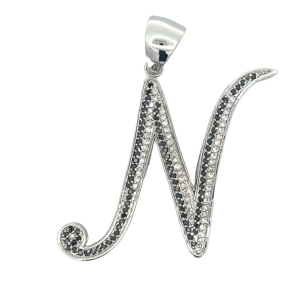 Flat Cursive Initial Letter Black & White CZ Iced Out Pendant N HipHopBling