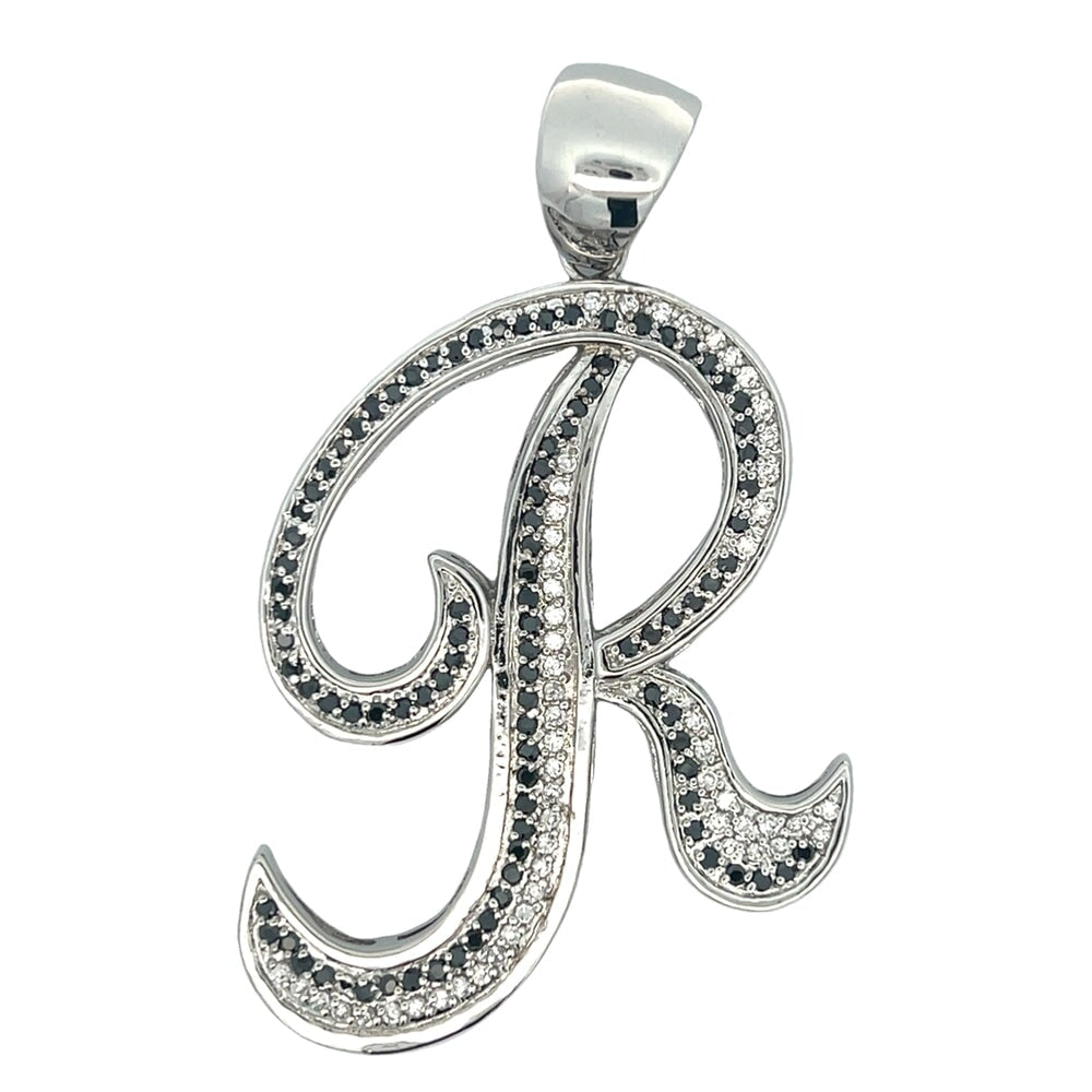 Flat Cursive Initial Letter Black & White CZ Iced Out Pendant R HipHopBling