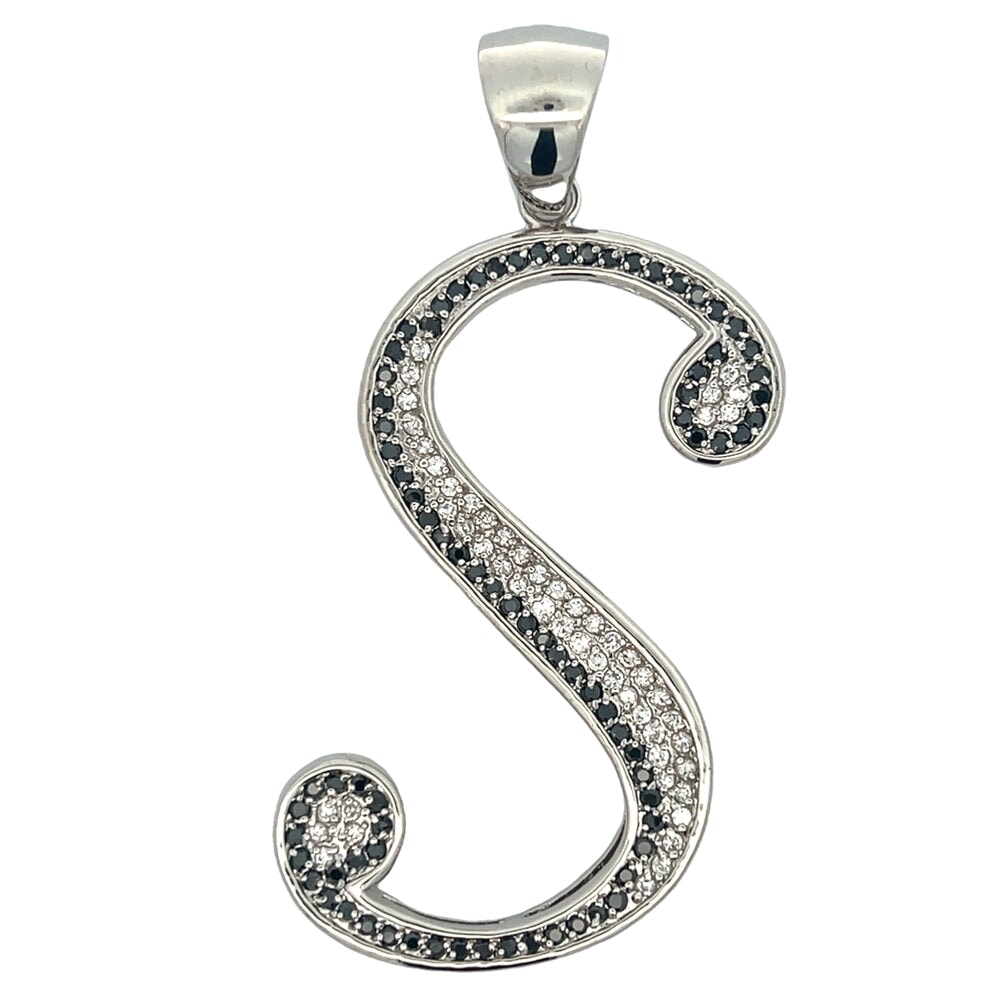 Flat Cursive Initial Letter Black & White CZ Iced Out Pendant S HipHopBling