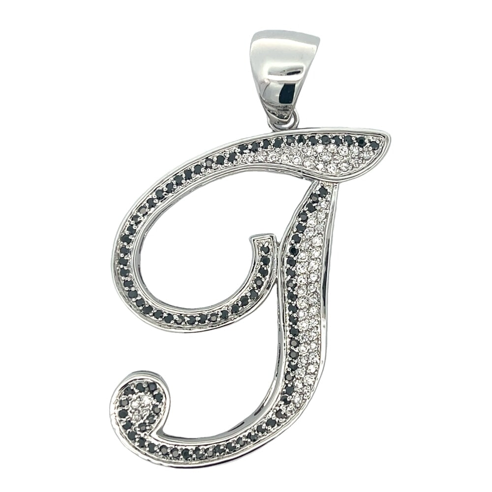 Flat Cursive Initial Letter Black & White CZ Iced Out Pendant T HipHopBling