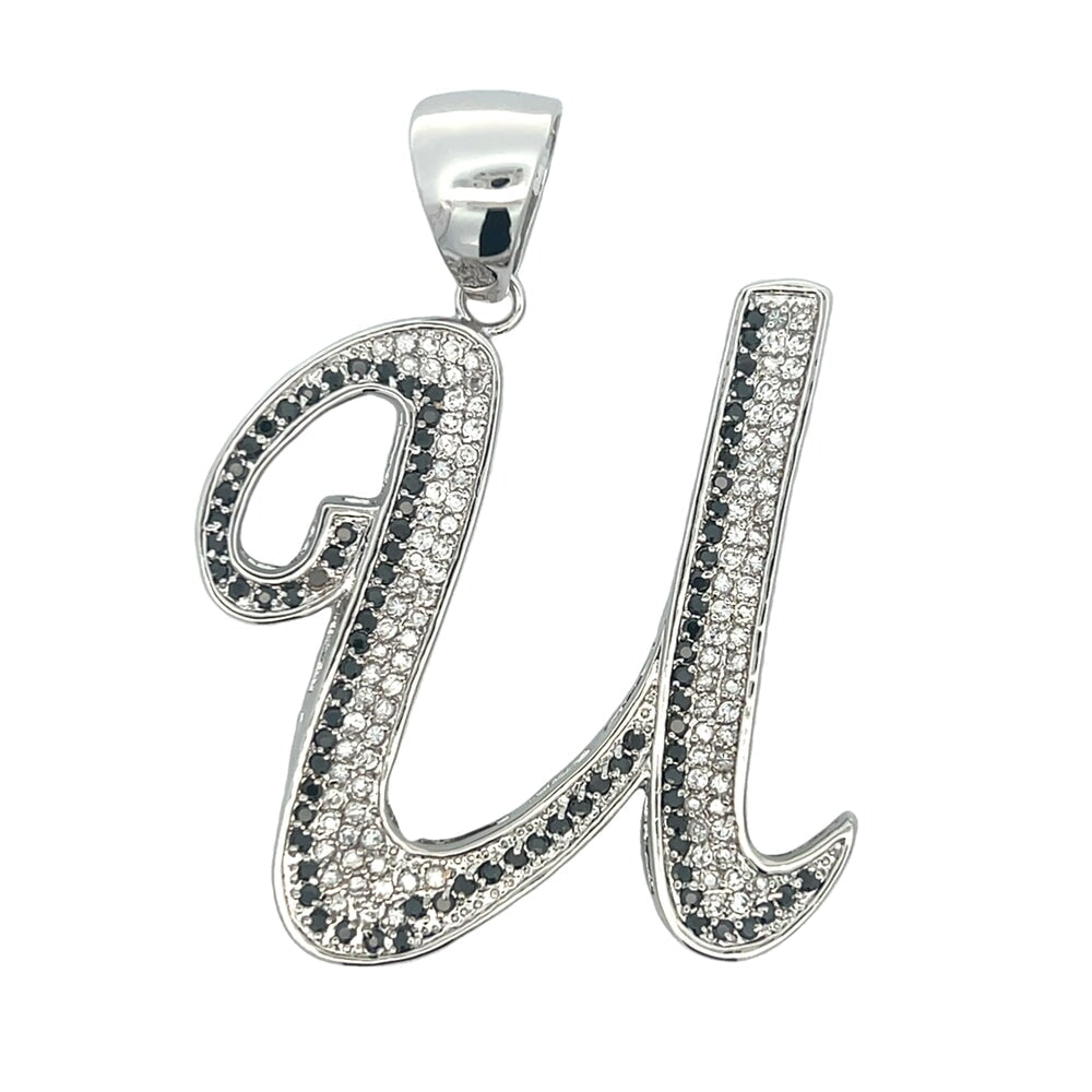 Flat Cursive Initial Letter Black & White CZ Iced Out Pendant U HipHopBling