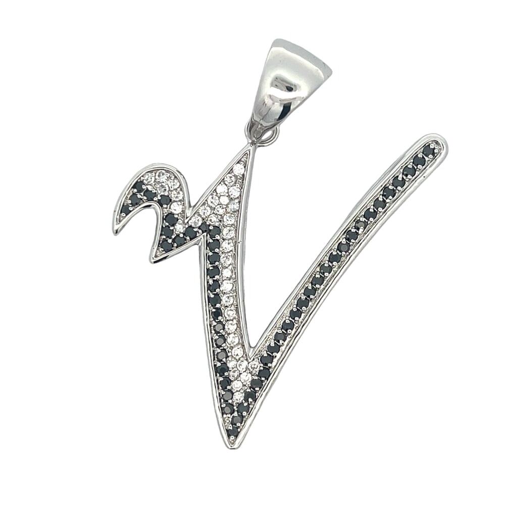 Flat Cursive Initial Letter Black & White CZ Iced Out Pendant V HipHopBling