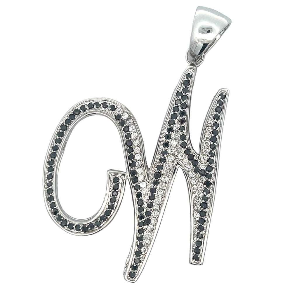 Flat Cursive Initial Letter Black & White CZ Iced Out Pendant W HipHopBling