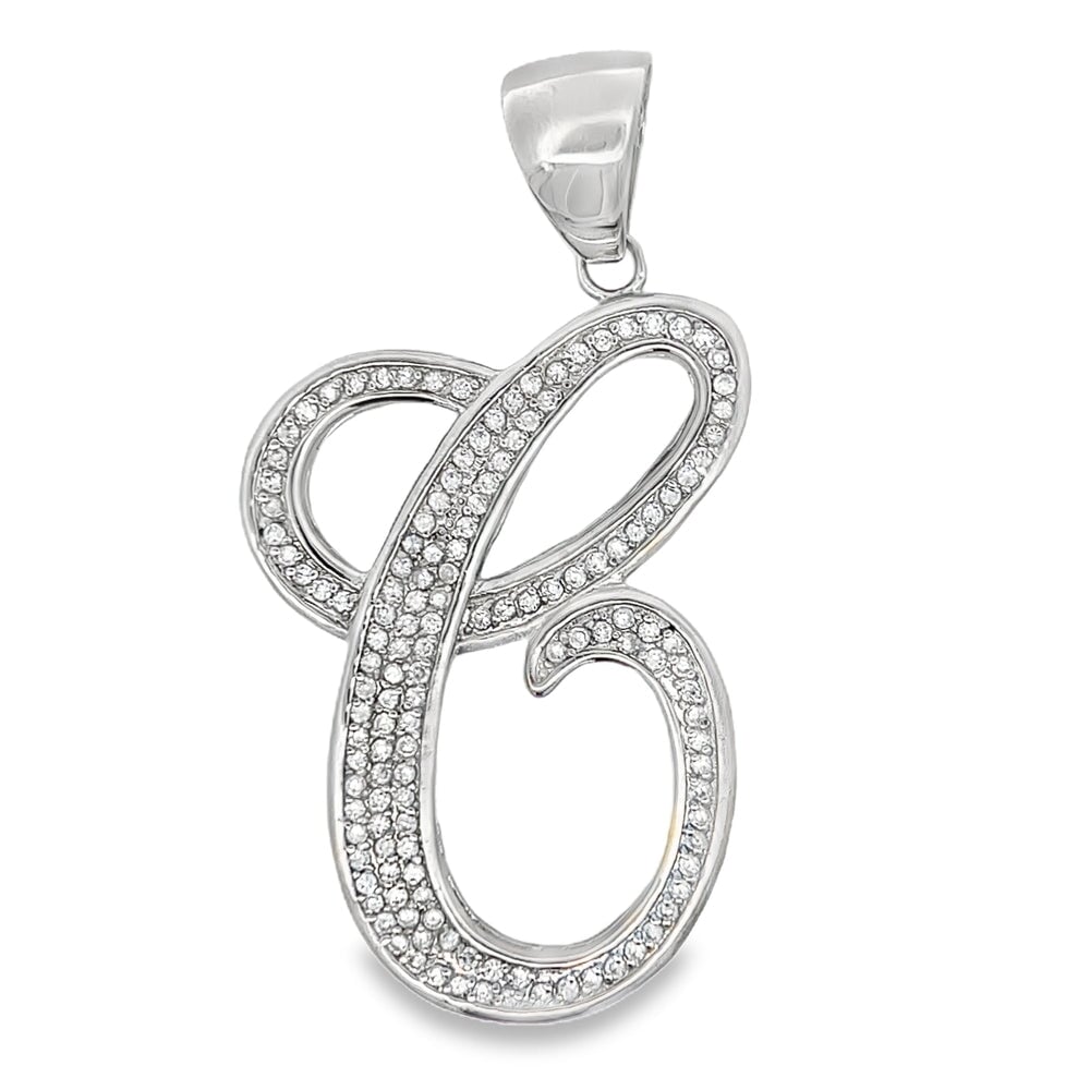 Flat Cursive Initial Letter White CZ Iced Out Pendant C HipHopBling