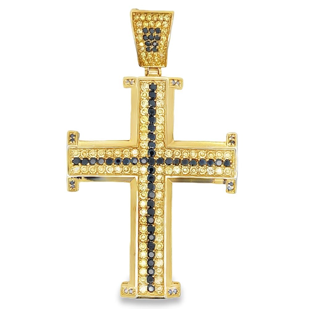 Gold Black & Yellow CZ Iced Out Cross Potent Pendant HipHopBling