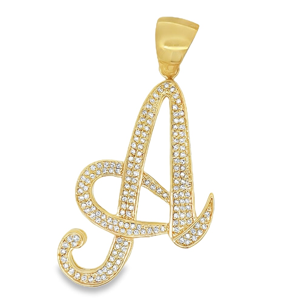 Gold Flat Cursive Initial Letter CZ Iced Out Pendant A HipHopBling