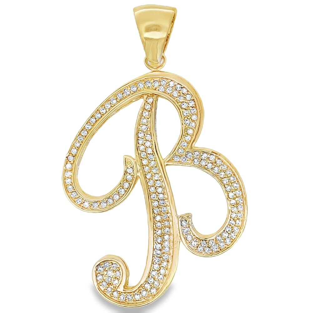 Gold Flat Cursive Initial Letter CZ Iced Out Pendant B HipHopBling